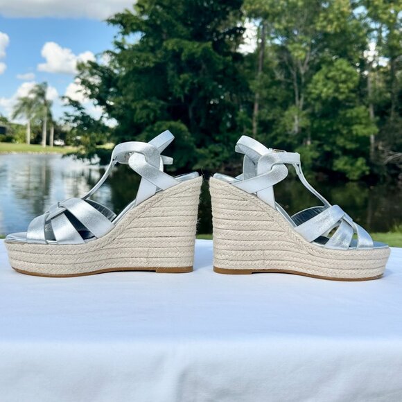 NEW Saint Laurent Tribute Espadrille Wedge Sandals YSL Metallic Silver Italy 36 - Picture 10 of 16